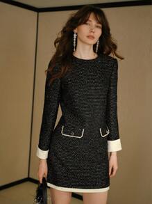 MOTF STUDIO TWEED CONTRAST PIPING FLAP DETAIL MIDI DRESS, NEW YEAR OUTFIT