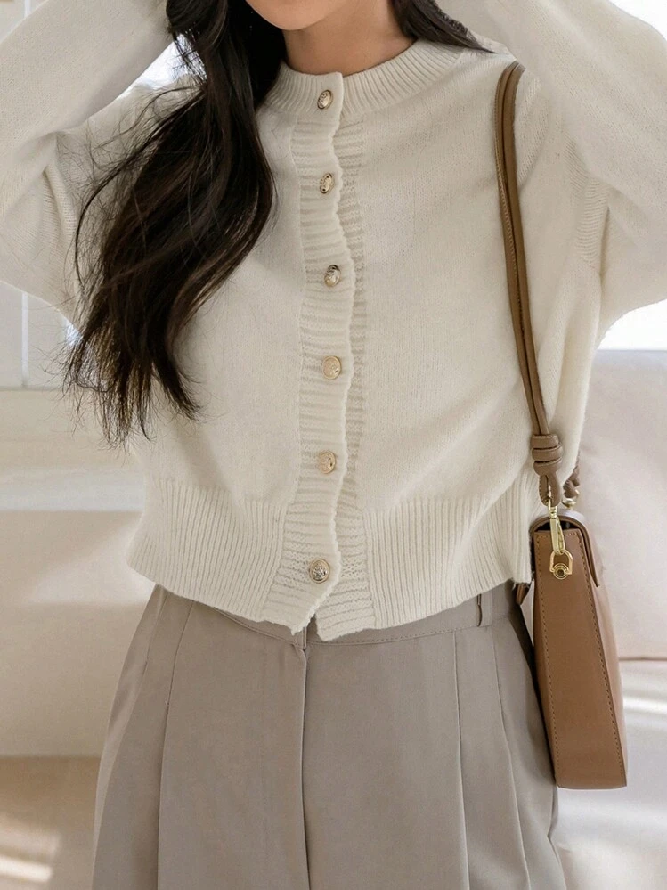 Dazy-Less Casual Solid Color Round Neck Front Button Cardigan, Autumn/Winter Old Money,Fall Women Clothes Business Casual Woman Work Clothes - White - View 6