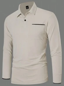 Manfinity Homme 男士休闲拼色口袋长袖纽扣 Polo 衫，秋季，适合外出 - 杏色 - 查看 3