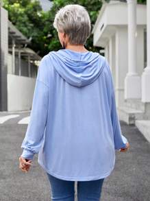 EMERY ROSE 大码冬季女式蓝色字母印花休闲连帽长袖运动衫 - 藍色 - 查看 2