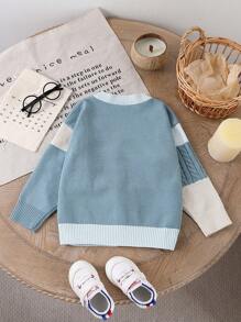 Cardigan colorblock per bambino - design a contrasto di colore blu e blu chiaro/beige, unico e alla moda, maglione lavorato a maglia con bottoni per indossare facilmente, adatto per vari climi, maglione retrò per bambino in stile autunnale/invernale, cardigan in maglia morbido e confortevole, con design casual in stile francese e nordico, adatto per uso domestico, quotidiano, viaggio e ritorno a scuola, tessuto caldo e morbido. Cardigan per bambino