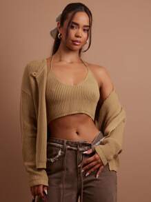 COSMINA 2pcs/Set Women Plain Long Sleeve Casual Jacket & Top Set - Khaki - View 6