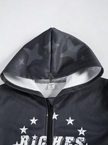 SHEIN Tween Boy 复古英伦涂鸦街头风格保暖内衬连帽休闲运动衫，适合秋冬季 - 深灰色 - 查看 3