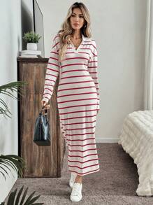 SHEIN LUNE Váy Polo sọc rộng rãi thoải mái cho nữ có xẻ tà, đa năng và thoải mái cho mọi mùa - Nhiều màu - Xem 3