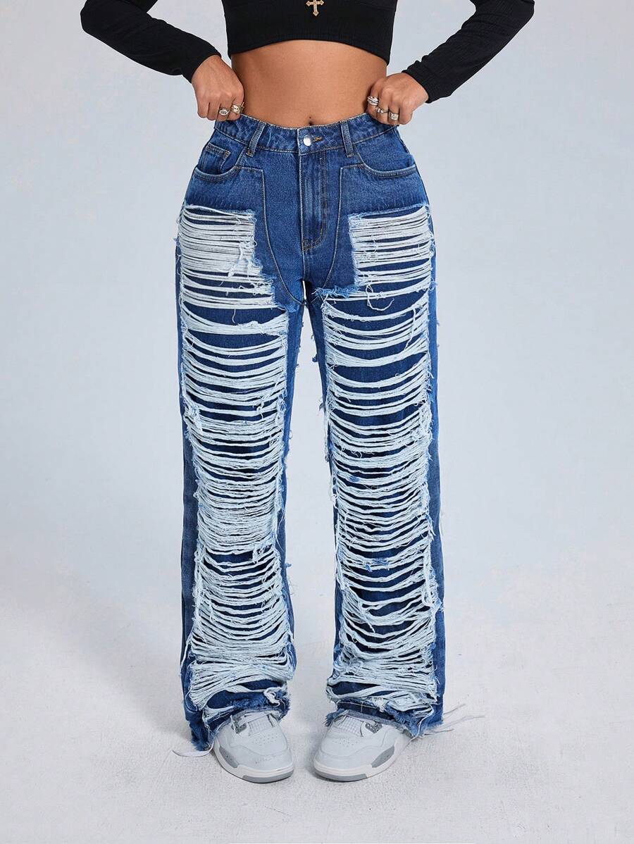 SHEIN ICON 女士时尚休闲破洞前后贴片阔腿宽松高腰洗水蓝色牛仔裤，全年适用 - 藍色 - 查看 1