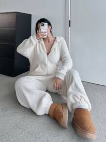 Flirla 2pcs/Set Ladies Casual Warm Fleece Jumpsuit - Black and White - View 6