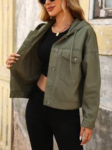 SHEIN Tall Women's Casual Front Button Hooded Washed Denim Jacket, Suitable For Autumn - Army Green - View 3