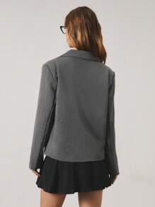SHEIN Unity Women's Solid Color Casual Lace-Up Blazer For Autumn - Dark Grey - View 2