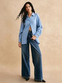 Poéselle 素色落肩袖前紐扣襯衫 - 霧霾藍 - 查看 3