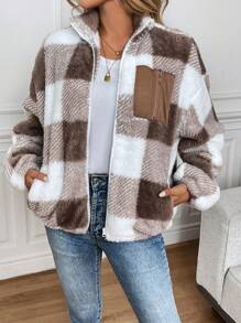 SHEIN LUNE Stand Collar Zipper Front Pocket Plaid Double-Faced Wool Jacket, Casual And Elegant Outerwear Suitable For Outdoor And Home, Warm For Women In Autumn And Winter