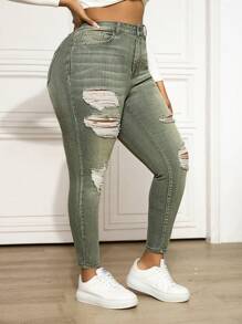 SHEIN ICON Plus Size Stretchy Distressed Blue Denim Jeggings, Fall Women Clothes - Green - View 6