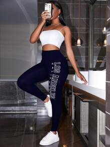 SHEIN Unity 字母圖案寬腰帶緊身打底褲 - 藏蓝色 - 查看 3