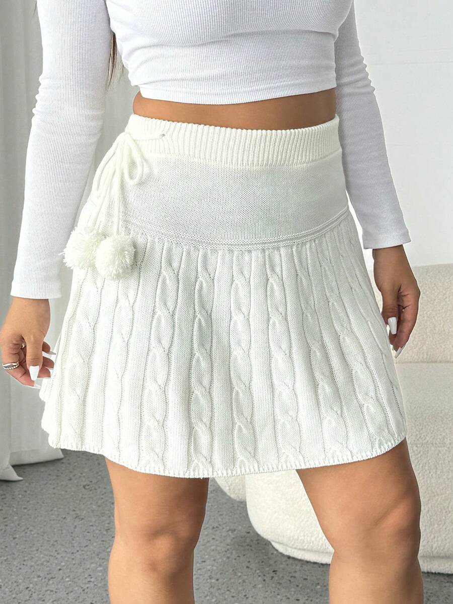 Flirla Plus Size Casual Fuzzy Drawstring Knitted Skirt, Autumn/Winter - Apricot - View 1