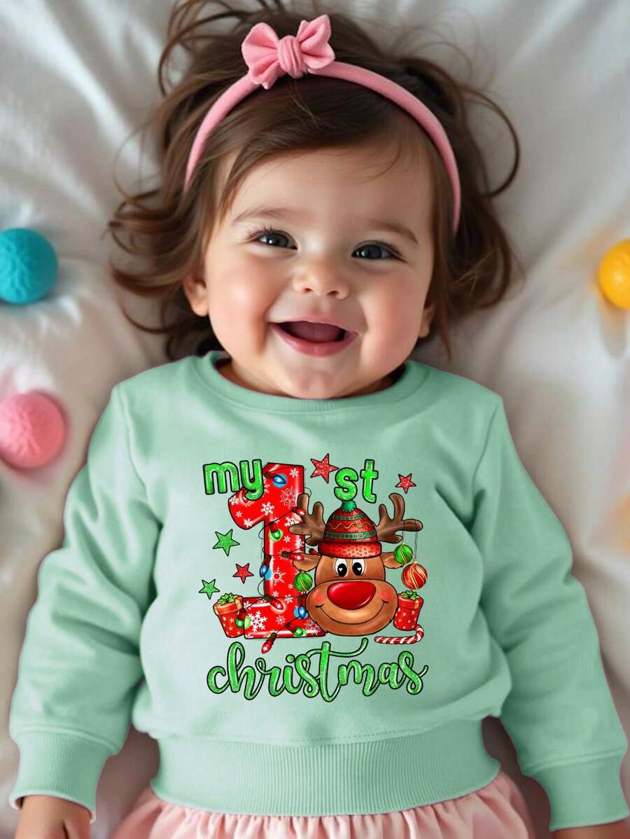 Christmas Baby Girl Cute Reindeer & Letter Print Sweatshirt, Suitable For Christmas Party, Autumn/Winter. (Family Matching Outfits Mommy And Me - 3 Pieces Are Sold Separately) - Olive Green - View 1