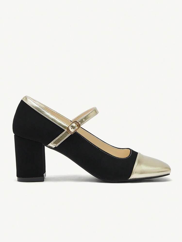 CUCCOO CHICEST 1pair Women Metal Block Heel Color Matching Mary Jane High Heel Pumps Valentine Day