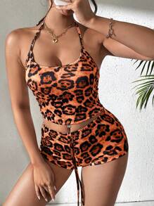 INAWLY Plus Size Halter Neck Tied Back Leopard Print Minimalist Top And Shorts 2 Pieces Set - Orange - View 3