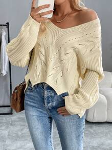 Chiquease Plain Color Dropped Shoulder Loose Knit Sweater, Casual Autumn/Winter Knit Pullover Fall - White - View 1