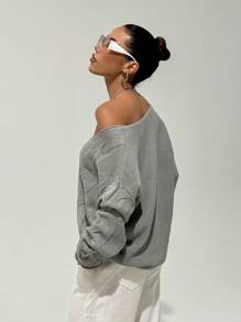 StreetHx 女士不对称肩部灰色绞花针织毛衣，二合一设计，秋冬针织套头衫 - 灰色 - 查看 2