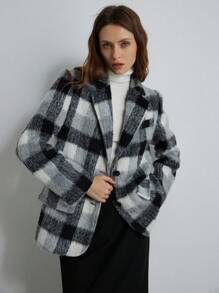 GENKIRA Áo khoác blazer kẻ sọc rộng rãi cho nữ, phong cách Anh cổ điển, áo khoác ngoài thường ngày cao cấp cho mùa thu/đông - Đen và trắng - Xem 1