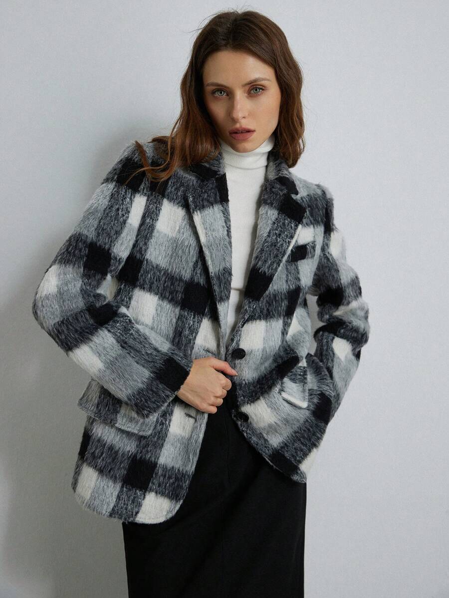GENKIRA Áo khoác blazer kẻ sọc rộng rãi cho nữ, phong cách Anh cổ điển, áo khoác ngoài thường ngày cao cấp cho mùa thu/đông - Đen và trắng - Xem 1