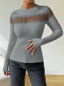 SHEIN Essnce 2024 New European Autumn/Winter Distinctive Base Layer Knit Sweater, Sexy Splice See-Through Long Sleeve Top - Grey - View 3