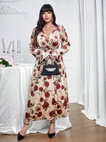 SHEIN Unity Vestido de terciopelo con cuello en V, recorte de volante y estampado floral en talla grande, vestido formal para fiesta/Navidad, otoño/invierno - Multicolor - Ver 7