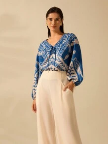 CAJUNI 女式波西米亚风鹦鹉椰子树印花系带深 V 领灯笼袖蓝色度假休闲夏日海滩