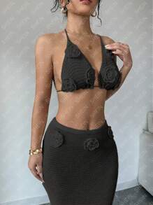 SHEIN Unity 2pcs/Set Solid Color Halter Backless Top And Floral Print Bodycon Skirt - Black - View 5