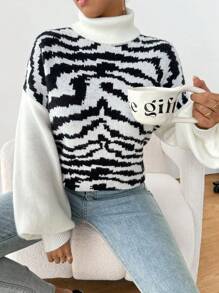 Chiquease Women Turtleneck Contrast Color Zebra Print Warm Sweater, Autumn/Winter Knit Pullover Fall - Multicolor - View 4