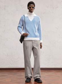 AKNOTIC Business Casual Men Contrast V-Collar Striped Color Block Pattern Urban Raglan Sleeve Pullover Long Sleeve Sweater, For Old Money Men, Boyfriend Gift, For Fall, Winter, Spring - Multicolor - View 2