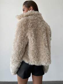 Aloruh Minimalist Apricot Short Fluffy Lapel Long Sleeve Fitted Jacket, Outdoor Warm Wear, Autumn/Winter