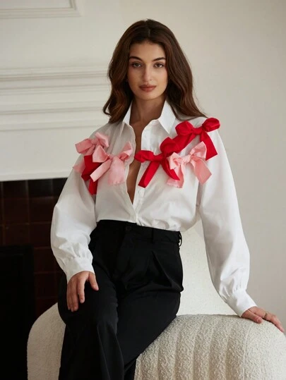 Aveloria Rosie French Style Sweet Romantic Two-Tone 3D Bow Decor Girls Long Sleeve Blouse Women Shirt For Autumn, Holiday Party Clothes Cute Funny Button Up Shirt Women  Fall Cloth For Women