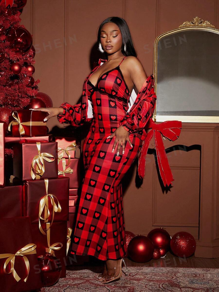 SHEIN SXY Conjunto de 2 piezas para mujer de talla grande: blusa de punto con encaje en contraste de cuadros rojos y negros con estampado de corazones, adecuada para otoño e invierno, fiesta de Nochebuena, cita, cumpleaños, despedida de soltera, look casual y bonito, fácil de combinar, resalta la figura
