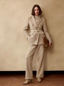 MOTF PREMIUM Blazer de solapa alta con botonadura doble y cinturón con hebilla - Caqui - Ver 6