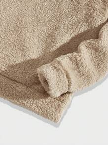 Manfinity VCAY 男士拉链细节抽绳法兰绒连帽衫蓬松字母长袖加厚连帽衫卡其色休闲羊羔绒连帽衫，适合朋友、丈夫、男朋友的礼物，适合秋冬 - 卡其色 - 查看 5