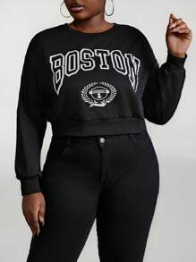 Maweii Sudadera de cuello crew informal para mujer talla grande con estampado de letras y hombros caídos de manga larga para otoño