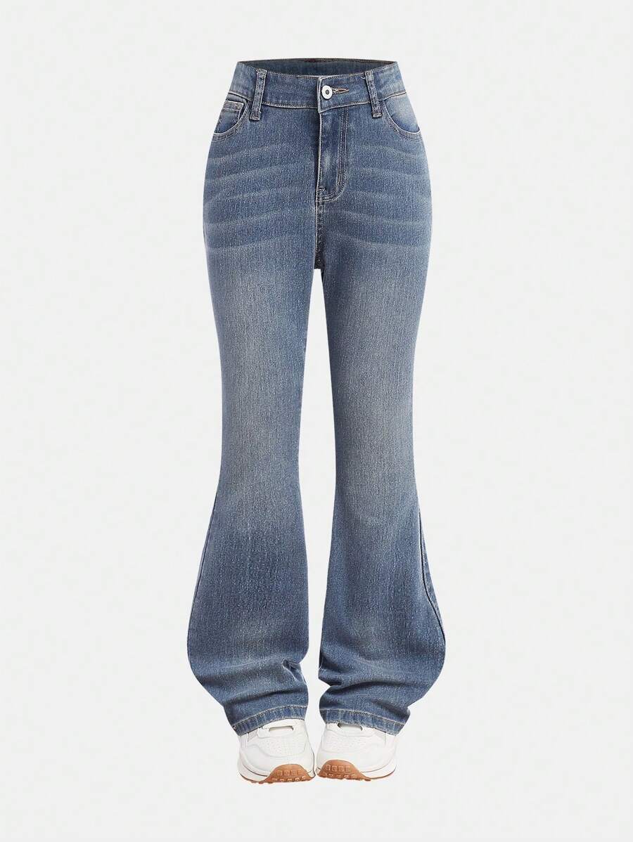 Sparklyn Tween Girls Y2K Style Casual Washed Flare Leg Jeans - Medium Wash - View 1