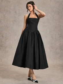 SHEIN BAE Elegant Women's Long Neck-Tie Dress, Suitable For Casual Dates And Outings, Autumn - Black - View 3