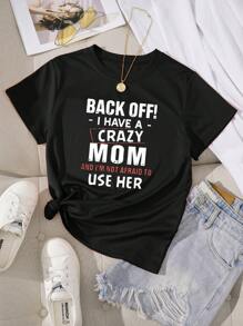 SHEIN EZwear Áo thun tay ngắn in khẩu hiệu vui nhộn thường ngày dành cho nữ - màu đen - Xem 1