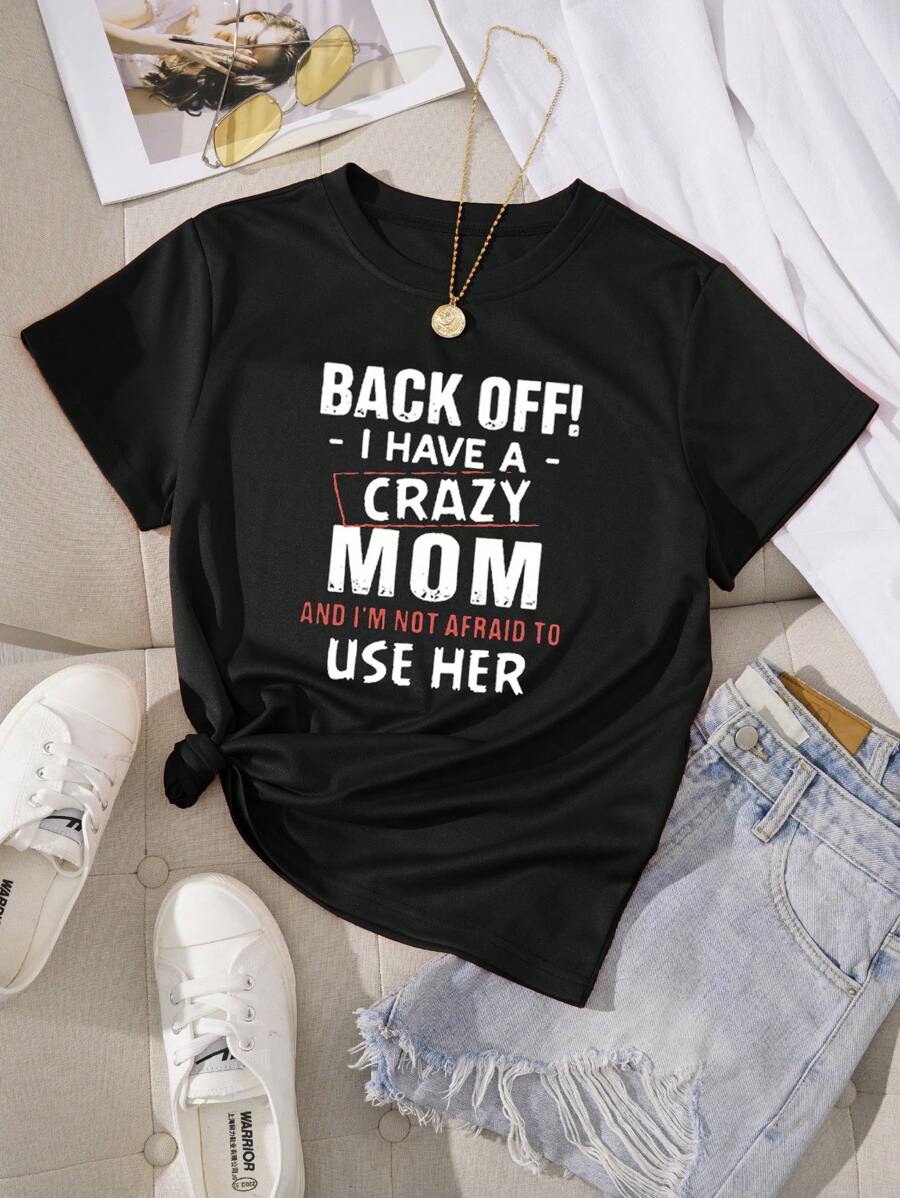 SHEIN EZwear Áo thun tay ngắn in khẩu hiệu vui nhộn thường ngày dành cho nữ - màu đen - Xem 1