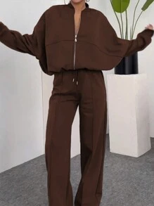 INAWLY 2pcs Women Solid Color Casual Jacket And Pants Set, Autumn/Winter