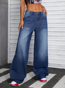 SHEIN ICON 1pc Women's Wide Leg Loose Casual Denim Jeans With Pockets