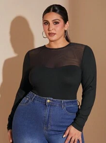 SHEIN BAE Plus Size Women's Autumn And Winter Mesh Splicing Knitted Neckline Slightly Transparent Long Sleeve Bodysuit,Women's Autumn And Winter Fashionable Black Corset With Cup Details Bra Spliced ​​Mesh Sleeves Outing Top Black Top Shirt Sexy See-Through Long-Sleeved Sleeves, Super Versatile,Thanksgiving, Christmas, New Year,Birthday, Outing,Hot,Bodysuit, Minimalist