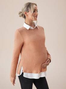 SHEIN Umstandsmode 2 Stücke Set aus einfachem langärmeligem Top mit Knopfverschluss und Jogginghose, Freizeitoutfit