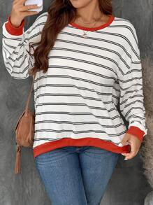 SHEIN VCAY 大码黑白条纹撞色领长袖宽松 T 恤，秋冬季休闲 T 恤 - 彩色 - 查看 6