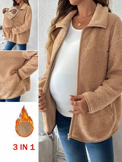 SHEIN 3-In-1 Plush Kangaroo Hooded Teddy Coat, Solid Color Long Sleeve Maternity Jacket & Outerwear For Winter