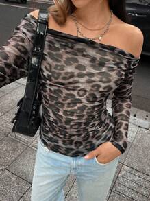 Chiquease Women's Elegant Sexy Leopard Print Semi-Sheer Ruched Long Sleeve Blouse - Black - View 5