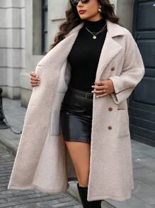 Flirla 大码女士优雅休闲通勤西装外套，法式立领双排扣蓬松饰边口袋长袖长外套，秋冬 - 杏色 - 查看 5