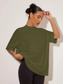 SHEIN BASICS 女士休闲纯色落肩宽松 T 恤，夏季 - 軍綠色 - 查看 1