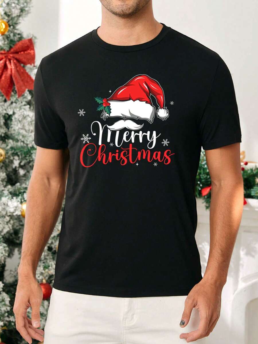 Manfinity VCAY 1pc Men Standard Fit Crew Neck Short Sleeve T-Shirt, Black, Vacation, For Christmas - Black - View 1